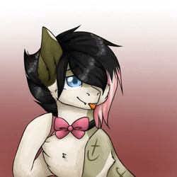 Size: 1358x1358 | Tagged: safe, artist:dollpone, oc, oc only, pony, bowtie, bust, cheek fluff, chest fluff, colored pupils, ear fluff, hair over one eye, leg fluff, solo, tongue out