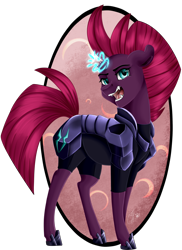 Size: 1024x1405 | Tagged: safe, artist:crecious, tempest shadow, pony, unicorn, my little pony: the movie, armor, broken horn, fangs, female, mare, open mouth, solo