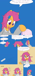 Size: 2400x5200 | Tagged: safe, artist:jake heritagu, scootaloo, pony, comic:ask motherly scootaloo, cast, clothes, comic, dress, gears, hairpin, lightbulb, motherly scootaloo, solo, sweatshirt