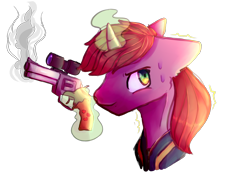 Size: 2800x2000 | Tagged: safe, artist:dino_horse, oc, oc only, oc:littlepip, pony, unicorn, fallout equestria, clothes, fanfic, fanfic art, female, glowing horn, gun, handgun, little macintosh, magic, mare, revolver, simple background, solo, telekinesis, transparent background, vault suit, weapon