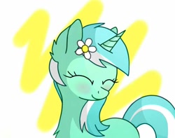 Size: 650x512 | Tagged: safe, artist:skypony14, lyra heartstrings, pony, unicorn, abstract background, blushing, chest fluff, ear fluff, eyes closed, female, flower, flower in hair, mare, smiling, solo