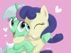 Size: 2732x2048 | Tagged: safe, artist:soshyqqq, bon bon, lyra heartstrings, sweetie drops, earth pony, pony, unicorn, best friends, female, heart, hug, lesbian, looking at you, lyrabon, one eye closed, pink background, shipping, simple background, smiling, tongue out, wink, wrong eye color
