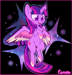 Size: 813x843 | Tagged: safe, artist:esmeia, twilight sparkle, twilight sparkle (alicorn), alicorn, abstract background, colored hooves, colored wings, curved horn, ear fluff, female, mare, multicolored hair, multicolored wings, rainbow power, smiling, solo, spread wings, wings