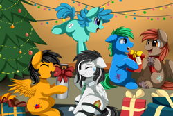 Size: 4117x2757 | Tagged: safe, artist:pridark, oc, oc only, oc:blitzy, oc:interrobang, oc:linework, oc:twintails, oc:winterlight, earth pony, pegasus, pony, chest fluff, christmas, christmas lights, christmas tree, commission, eyes closed, high res, holiday, indoors, open mouth, present, tree