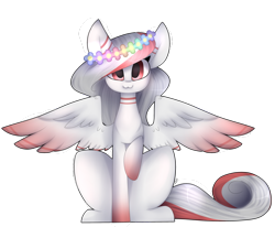 Size: 1024x844 | Tagged: safe, artist:umiimou, oc, oc only, pegasus, pony, :3, colored wings, colored wingtips, female, floral head wreath, flower, mare, sitting, solo