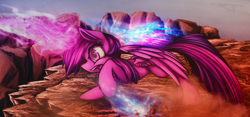 Size: 1464x685 | Tagged: safe, artist:ferasor, twilight sparkle, twilight sparkle (alicorn), alicorn, pony, female, fight, glowing horn, magic, mare, offscreen character, scenery