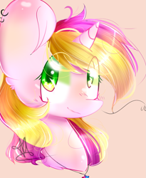 Size: 961x1170 | Tagged: safe, artist:yuki-artyt, oc, oc only, oc:painter star, pony, unicorn, art trade, bust, colored pupils, ear piercing, earring, female, jewelry, looking at you, mare, multicolored mane, necklace, piercing, portrait, signature, simple background, smiling, solo