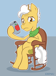 Size: 733x1000 | Tagged: safe, artist:empyu, grand pear, earth pony, pony, 30 minute art challenge, can, crying, elderly, male, rocking chair, sad, sitting, solo