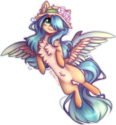 Size: 758x816 | Tagged: safe, artist:tenebristayga, oc, oc only, pegasus, pony, chest fluff, female, flower, flying, hair over one eye, hat, mare, solo