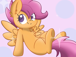 Size: 1400x1050 | Tagged: safe, artist:meowmavi, scootaloo, pegasus, pony, cute, cutealoo, female, filly, heart eyes, leaning, looking at you, on back, solo, sparkles, wingding eyes