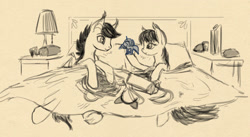 Size: 1607x879 | Tagged: safe, artist:lunebat, oc, oc only, oc:lunette, oc:silver wind, bat pony, bed, bedroom, blanket, colt, female, male, mare, monochrome, plushie, silvette, sketch