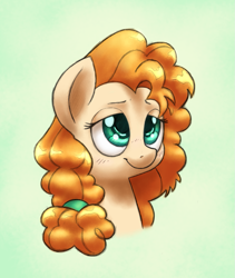 Size: 1189x1406 | Tagged: safe, artist:chromaskunk, artist:trickydick, pear butter, pony, collaboration, the perfect pear, bust, portrait, simple background, solo