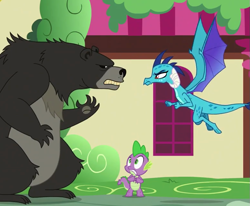 Size: 777x639 | Tagged: safe, screencap, princess ember, spike, thorax, bear, changedling, changeling, dragon, triple threat, bear thorax, king thorax, protecting