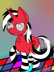 Size: 746x1000 | Tagged: safe, artist:luriel maelstrom, oc, oc only, oc:rosalia, pony, chest fluff, dance floor, disco, lights, piercing, pose, red and black oc, signature