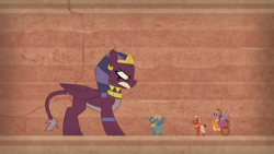 Size: 1920x1080 | Tagged: safe, screencap, prince hisan, sphinx (character), pegasus, pony, sphinx, daring done?, egyptian pony, hieroglyphics, pharaoh, side view