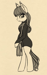 Size: 942x1500 | Tagged: safe, artist:lunebat, oc, oc only, oc:lunette, anthro, bat pony, unguligrade anthro, arm hooves, bipedal, clothes, female, mare, monochrome, sketch, standing
