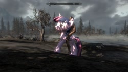 Size: 1360x768 | Tagged: safe, twilight sparkle, twilight sparkle (alicorn), oc, oc:mr franconian, alicorn, human, pony, canon x oc, female, game screencap, happy, human male, human on top, humans riding ponies, male, mare, riding, skyrim, the elder scrolls