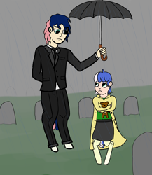 Size: 1488x1714 | Tagged: safe, artist:vhatug, oc, oc only, oc:fraise, oc:saltwater taffy, satyr, brother and sister, clothes, female, gravestone, graveyard, implied bon bon, implied death, inbred, male, offspring, parent:bon bon, parent:oc:gumdrop, rain, siblings, suit, teddy bear, umbrella, uncle and niece