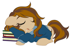 Size: 1361x933 | Tagged: safe, artist:azure-art-wave, oc, oc only, oc:bookmark, earth pony, pony, book, clothes, drool, female, mare, prone, simple background, sleeping, solo, sweater, transparent background