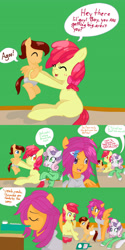Size: 2560x5120 | Tagged: safe, apple bloom, scootaloo, sweetie belle, oc, oc:lightning blitz, pegasus, pony, comic:ask motherly scootaloo, baby, baby pony, clothes, colt, comic, dialogue, food, hairpin, holding a pony, male, motherly scootaloo, mouth hold, offspring, older, older apple bloom, older scootaloo, older sweetie belle, parent:rain catcher, parent:scootaloo, parents:catcherloo, speech bubble, sweatshirt, tray