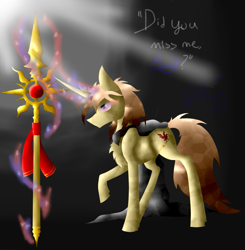 Size: 705x720 | Tagged: safe, artist:florarena-kitasatina/dragonborne fox, oc, bird, crystal pony, unicorn, changing magic color, cloak, clothes, crossover, curved horn, dialogue, epic battle fantasy, glowing eyes, glowing eyes of doom, lazarus (epic battle fantasy), male, raised hoof, red eyes take warning, ruby, side glance, simple background, solo, spear, stylized sun, this will not end well, watermark, weapon, what a lovely pony to meet in the middle of the night