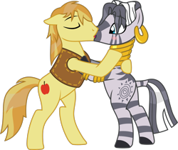 Size: 1946x1636 | Tagged: safe, artist:sketchmcreations, braeburn, zecora, earth pony, pony, zebra, alternate hairstyle, bipedal, blushing, braecora, commission, crack shipping, ear piercing, earring, eyes closed, female, jewelry, kissing, male, mare, piercing, quadrupedal, shipping, simple background, stallion, straight, transparent background, vector, wet mane