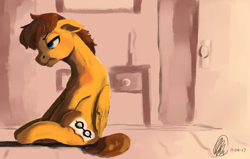 Size: 1754x1114 | Tagged: safe, artist:toisanemoif, oc, oc only, oc:paper study, pegasus, pony, cutie mark, door, doorknob, dresser, male, mane, signature, sitting, solo, tail, timestamp, wings