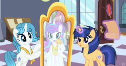 Size: 1584x833 | Tagged: safe, artist:velveagicsentryyt, princess flurry heart, oc, oc:blue stone, oc:velvet sentry, pony, unicorn, clothes, dress, female, mare, measuring tape, mirror, offspring, older, parent:flash sentry, parent:twilight sparkle, parents:flashlight, wedding dress