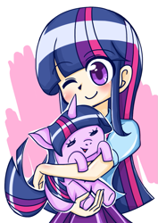 Size: 707x1000 | Tagged: safe, artist:white oil, twilight sparkle, twilight sparkle (alicorn), alicorn, human, pony, equestria girls, adorkable, blushing, carrying, chibi, cute, dork, female, holding a pony, human coloration, human ponidox, mare, one eye closed, pixiv, self ponidox, twiabetes