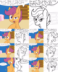 Size: 2560x3200 | Tagged: safe, artist:jake heritagu, scootaloo, oc, oc:sandy hooves, pony, ask, ask pregnant scootaloo, bed, comic, dresser, female, filly, kicking, offscreen character, pillow, pregnant, pregnant scootaloo, teen pregnancy, tumblr