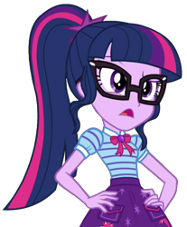 Size: 1699x2048 | Tagged: safe, artist:thebarsection, sci-twi, twilight sparkle, equestria girls, clothes, female, glasses, hand on hip, not a vector, open mouth, ponytail, simple background, skirt, solo, transparent background