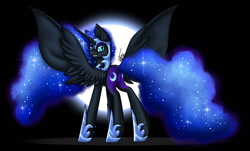 Size: 1450x878 | Tagged: safe, artist:inspiredpixels, nightmare moon, alicorn, pony, grin, looking back, plot, smiling, solo, spread wings, wings