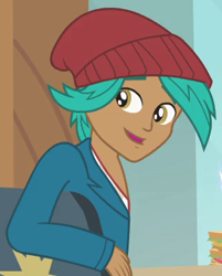 Size: 321x399 | Tagged: safe, screencap, equestria girls, equestria girls (movie), abnormal norman, background human, beanie, hat, smiling, solo