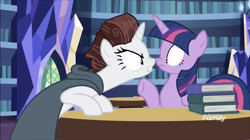 Size: 1320x740 | Tagged: safe, screencap, rarity, twilight sparkle, twilight sparkle (alicorn), alicorn, pony, unicorn, it isn't the mane thing about you, boop, discovery family logo, eye contact, female, looking at each other, mare, noseboop, raribald, twilight's castle