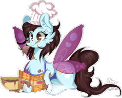 Size: 1404x1132 | Tagged: safe, artist:woonborg, oc, oc only, oc:lucy, pony, apron, baking, batter, bowl, cheek fluff, chef's hat, chest fluff, clothes, cookbook, ear fluff, female, food, hat, mare, mouth hold, prone, simple background, smiling, solo, spoon, transparent background