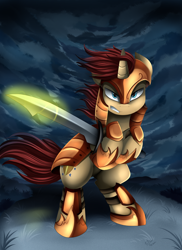 Size: 2550x3509 | Tagged: safe, artist:pridark, oc, oc only, pony, armor, commission, rearing, solo, sword, warrior, weapon