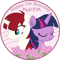 Size: 2000x2000 | Tagged: safe, artist:arifproject, twilight sparkle, oc, oc:fausticorn, alicorn, unicorn, alicorn oc, arif's circle vector, bust, circle, duo, duo female, eyes closed, female, flower, happy birthday mlp:fim, inkscape, mlp fim's seventh anniversary, semi-transparent, simple background, smiling, transparent background, vector