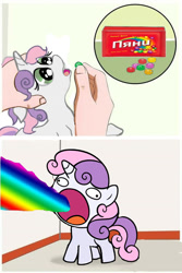 Size: 515x771 | Tagged: safe, artist:agm, sweetie belle, pony, unicorn, candy, derp, feeding, female, filly, food, hand, meme, open mouth, pills, rainbow, russian, shoop da whoop, skittles, sweetie derelle, wide eyes, wikihow