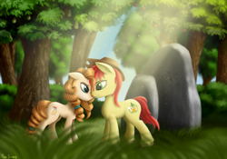 Size: 5000x3500 | Tagged: safe, artist:pony-stark, bright mac, pear butter, earth pony, pony, the perfect pear, absurd resolution, brightbutter, eye reflection, female, floppy ears, grass, hat, looking at each other, male, mare, outdoors, reflection, rock, shipping, signature, smiling, stallion, standing, straight, sunlight, tree