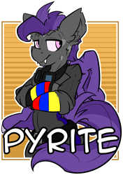 Size: 1480x2099 | Tagged: safe, artist:bbsartboutique, oc, oc only, oc:pyrite, bat pony, ghoul, pony, badge, con badge, goggles