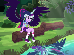 Size: 966x720 | Tagged: safe, artist:wesleyabram, midnight sparkle, sci-twi, twilight sparkle, equestria girls, legend of everfree, camp everfree outfits, clothes, converse, scene interpretation, shoes, socks, the midnight in me, wings