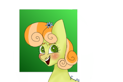 Size: 600x400 | Tagged: safe, artist:sodadoodle, junebug, pony, background pony, blushing, bust, female, flower, flower in hair, gradient background, looking away, mare, portrait, simple background, smiling, solo, transparent background