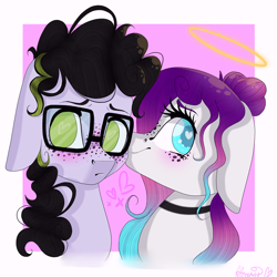 Size: 1200x1200 | Tagged: safe, artist:autumnheart462, oc, oc only, oc:bibi, oc:ronnie, earth pony, pony, blushing, female, glasses, halo, male, mare, oc x oc, shipping, stallion, straight