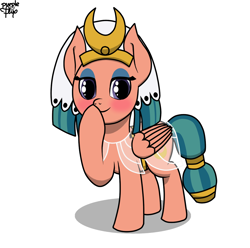 Size: 1060x1050 | Tagged: safe, artist:kimjoman, somnambula, pony, season 7, accessories, blushing, boop, clothes, cute, dress, female, looking at you, self-boop, simple background, solo, standing