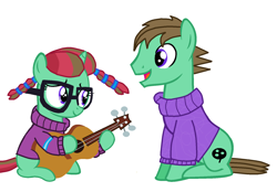 Size: 1672x1164 | Tagged: safe, oc, oc only, oc:ian, oc:straight a's, boomerang pattern formica, braided pigtails, clothes, daughter, female, glasses, guitar, offspring, parent:moondancer, parents:canon x oc, sweater