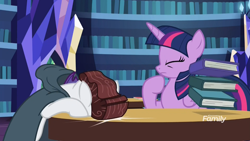 Size: 1366x768 | Tagged: safe, screencap, rarity, twilight sparkle, twilight sparkle (alicorn), alicorn, pony, unicorn, it isn't the mane thing about you, book, discovery family logo, eyes closed, female, mare, pompadour, table, twilight's castle