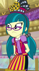 Size: 599x1079 | Tagged: safe, screencap, juniper montage, equestria girls, mirror magic, spoiler:eqg specials, arm behind back, clothes, female, glasses, hat, pigtails, skirt, solo