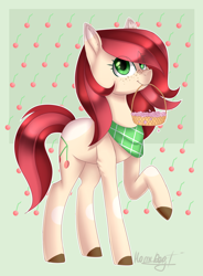 Size: 3538x4800 | Tagged: safe, artist:midnightdream123, oc, oc only, oc:cherry blossom, earth pony, pony, basket, female, high res, mare, mouth hold, raised hoof, solo