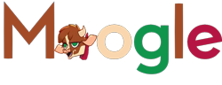 Size: 1280x492 | Tagged: safe, arizona cow, cow, them's fightin' herds, bust, google, lidded eyes, logo, logo parody, meme, open mouth, portrait, pun, raised eyebrow, simple background, smiling, smirk, solo, transparent background