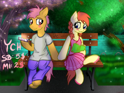 Size: 2000x1500 | Tagged: safe, artist:kruszyna25, oc, oc only, pony, blushing, book, cellphone, clothes, female, looking at each other, male, mare, park, phone, river, shy, smartphone, stallion, tree, your character here